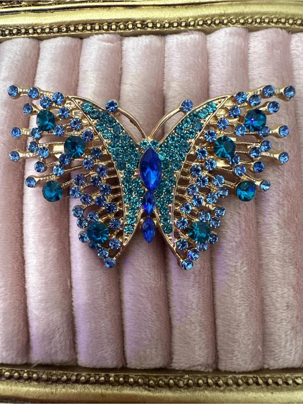 Gold-Tone Blue Crystal Butterfly Brooch